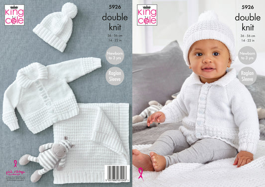 King Cole Cardigan, Hat & Blanket knitted in DK, 5926
