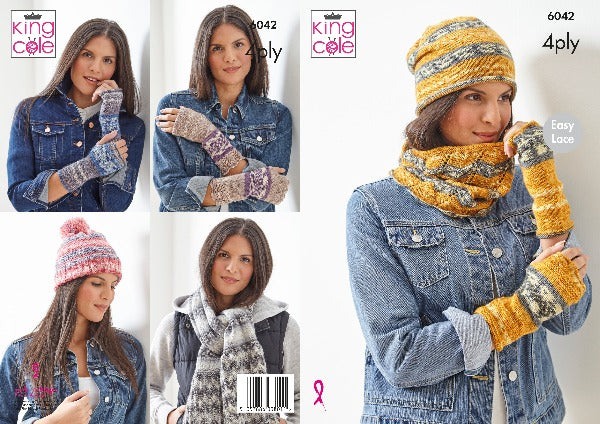 King Cole Pattern 6042 - Hat, Cowl, Scarf and Mitts