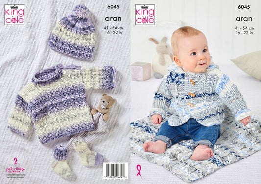 King Cole Jacket, Top, Hat, Socks, & Blanket Knitted in Cosy Love Aran 6045