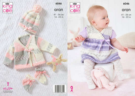 King Cole Pinafore Dress, Cardigan, Hat, & Slipper Socks Knitted in Cosy Love Aran 6046