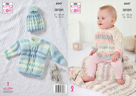 King Cole Top, Sweater, Hat, & Blanket Knitted in Cosy Love Aran 6047