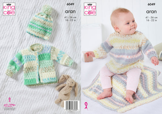 King Cole Dress, Jacket, Hat, & Blanket Knitted in Cosy Love Aran 6049