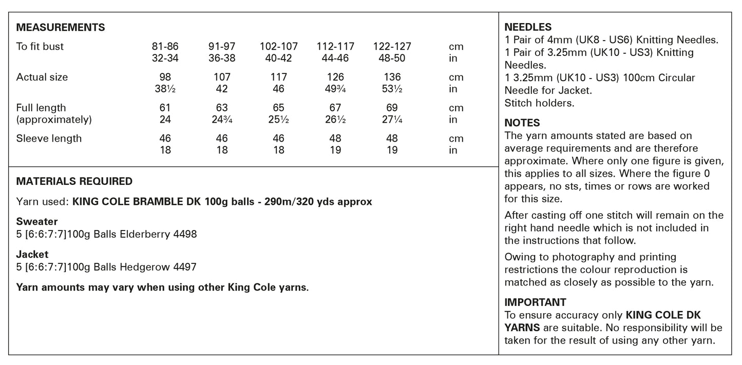 King Cole Pattern 6094 - Ladies Edge to Edge Cardigan and Sweater