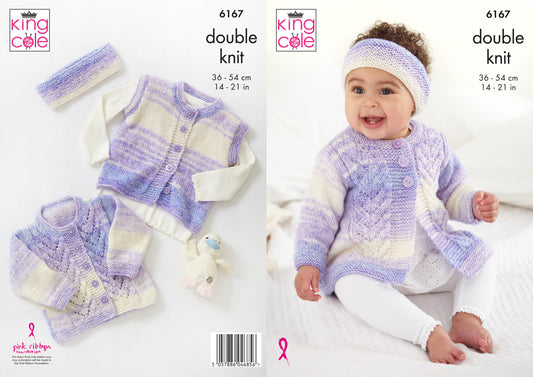 King Cole Coat, Cardigan, Gilet & Headband Knitted in Cutie Pie DK 6167