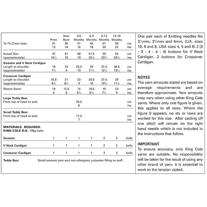 King Cole 2768, Cardigan, Sweaters and Teddy Bear in Double Knitting: