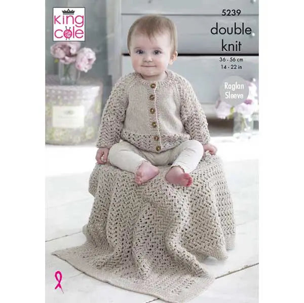 Raglan Cardigan, Blanket & Hat Knitted in King Cole DK - Pattern 5239
