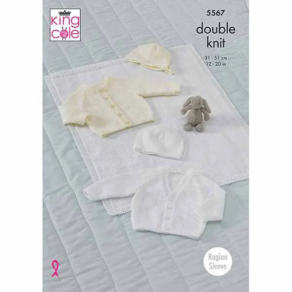Raglan Cardigan, Blanket Bonnet & Hat Knitted in King Cole DK - Pattern 5567