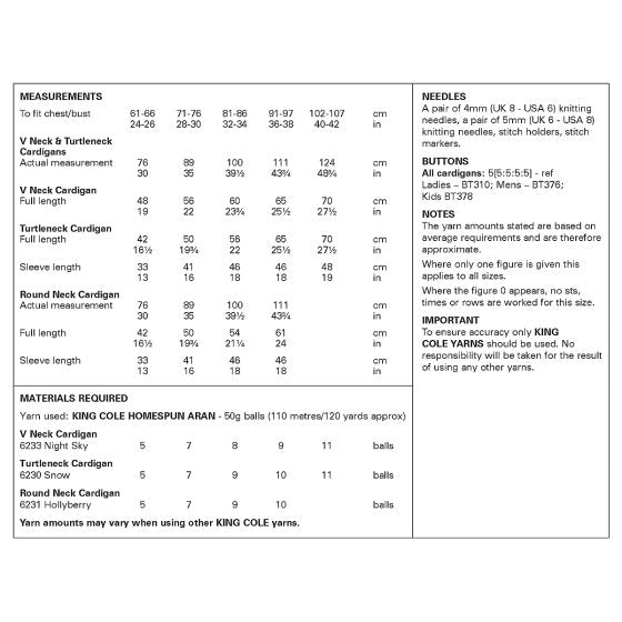 Family Cardigans knitted in Homespun Aran - King Cole Pattern 6417