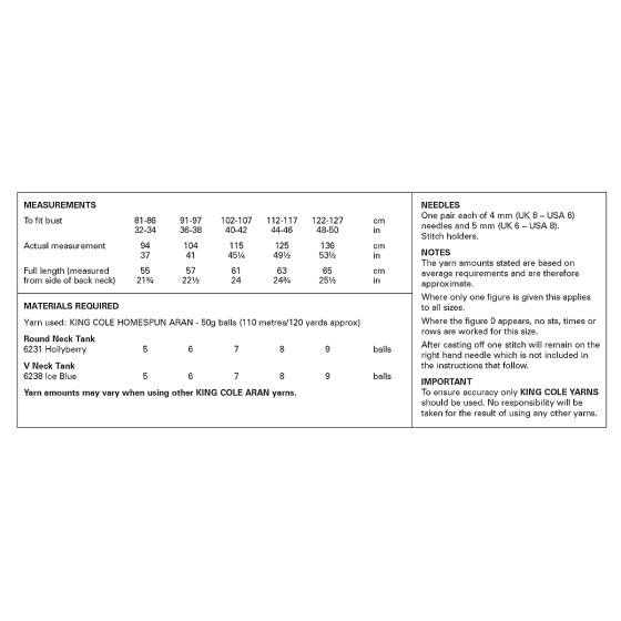 Ladies’ Round and V-Neck Tanks knitted in Homespun Aran - King Cole Pattern 6423