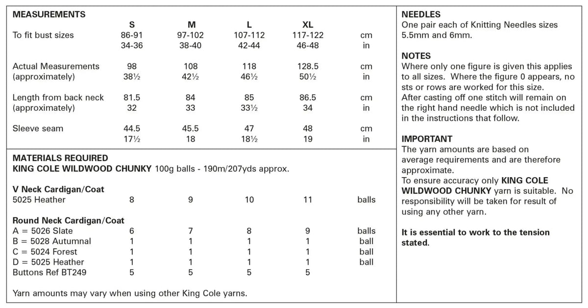 Measurements chart for King Cole chunky pattern 5890.