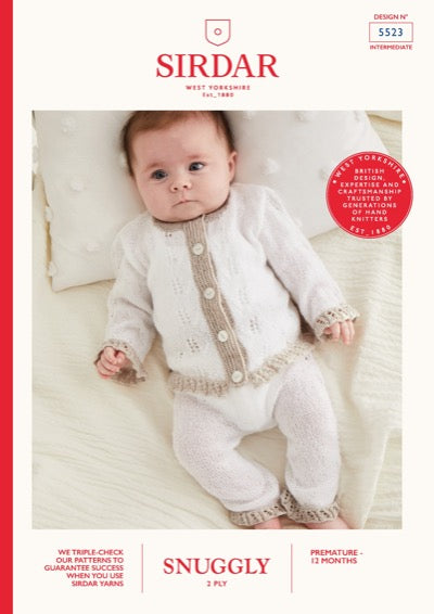 Baby cardigan and leggings knitting pattern in Sirdar Snuggly 2 ply yarn
