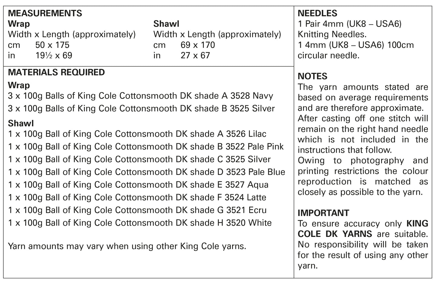 King Cole Cottonsmooth DK Pattern - 5843 Knitted Shawls
