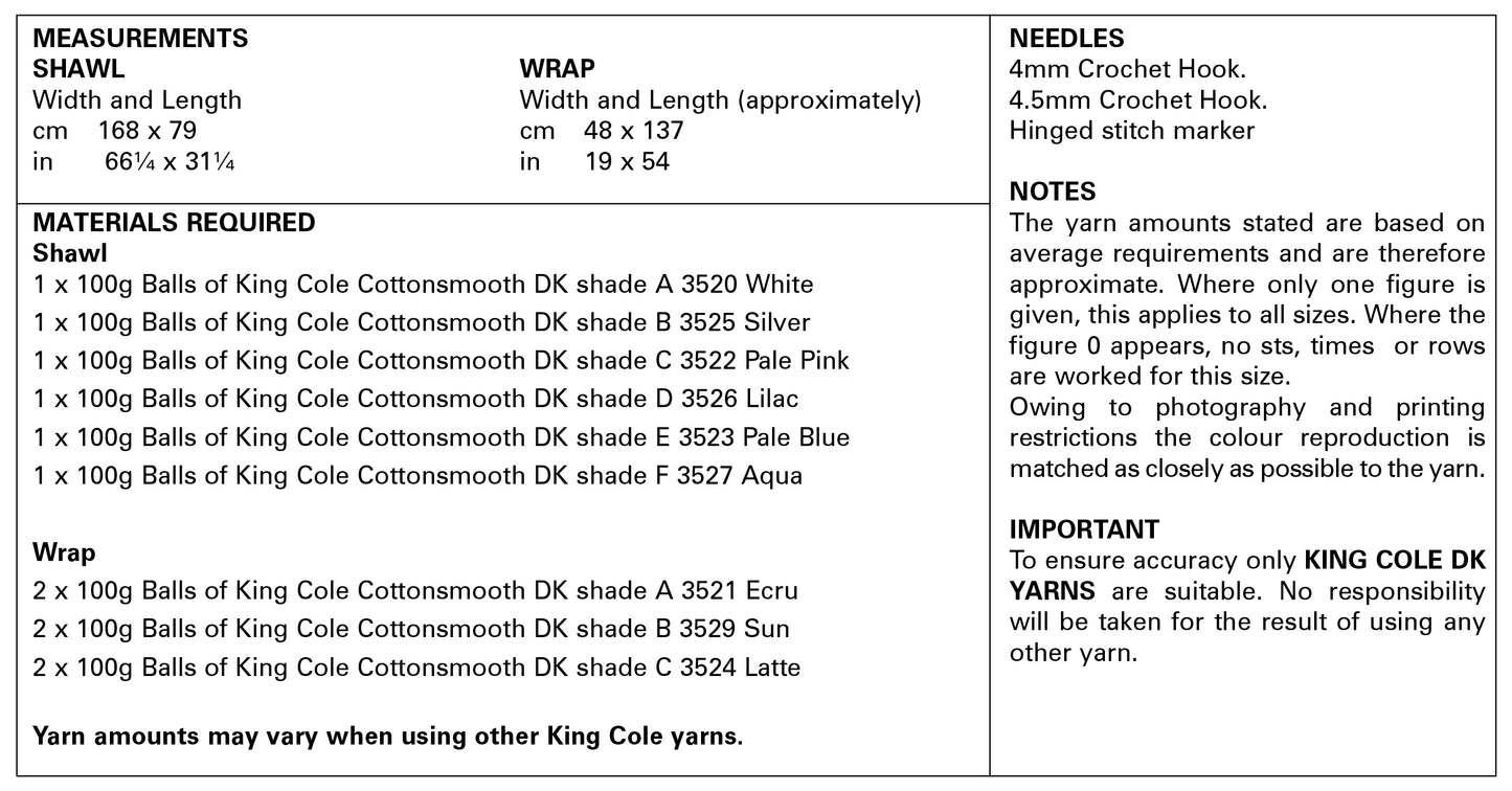 King Cole Cottonsmooth DK Pattern - 5844 Crocheted Shawls