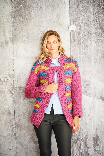 pink, yellow and blue striped women's jacket with pink sleeves and collar.
