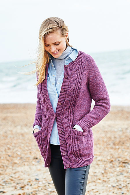 Long aran cardigan deals knitting pattern