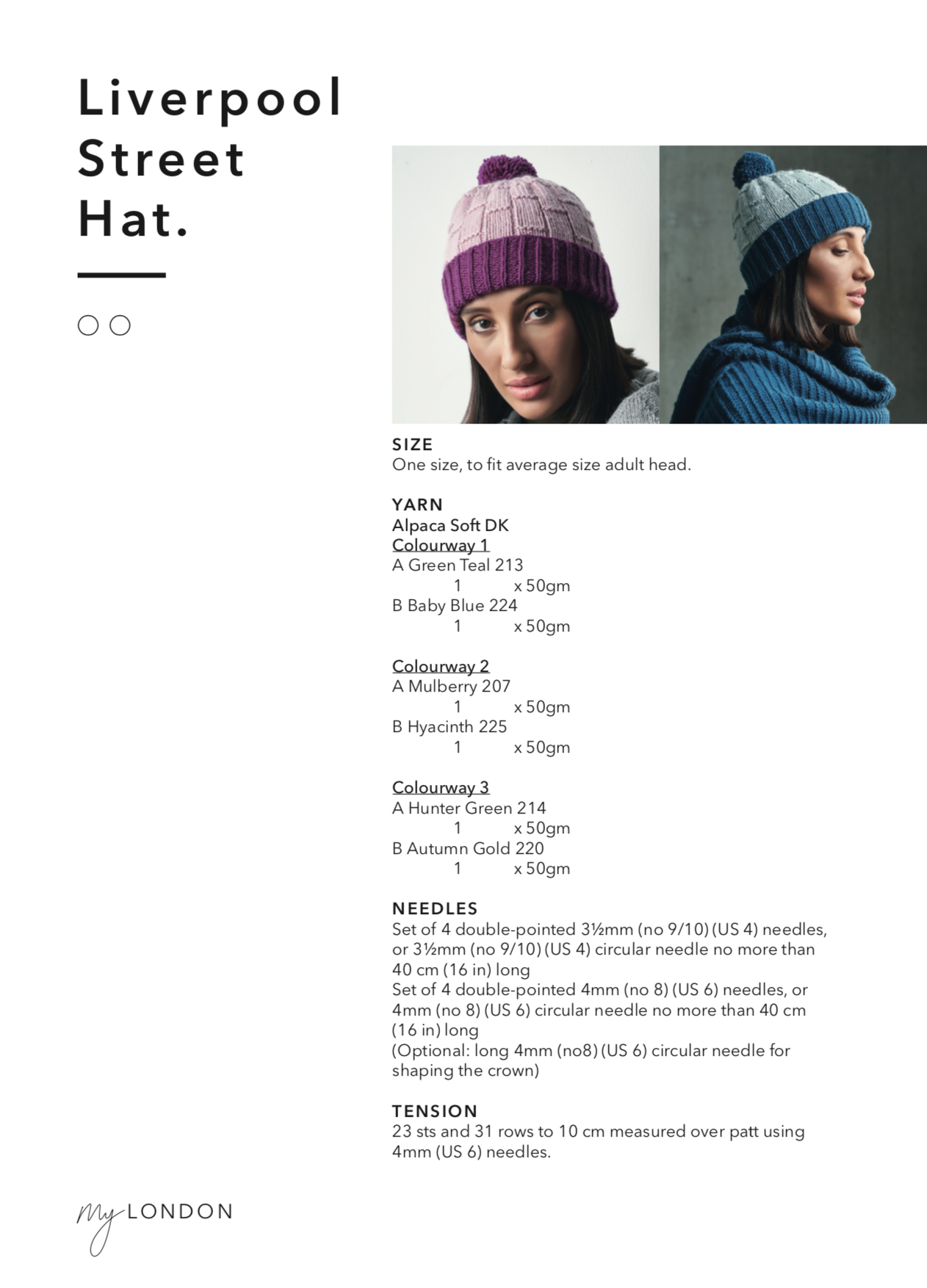 Liverpool Street hat. A Bobble hat design with structured lines throughout. This pattern is for a baby blue hat with a green teal trim and bobble and a dusty pink hat with a berry purple trim and bobble. This hat is designed to fit an average size adult head.