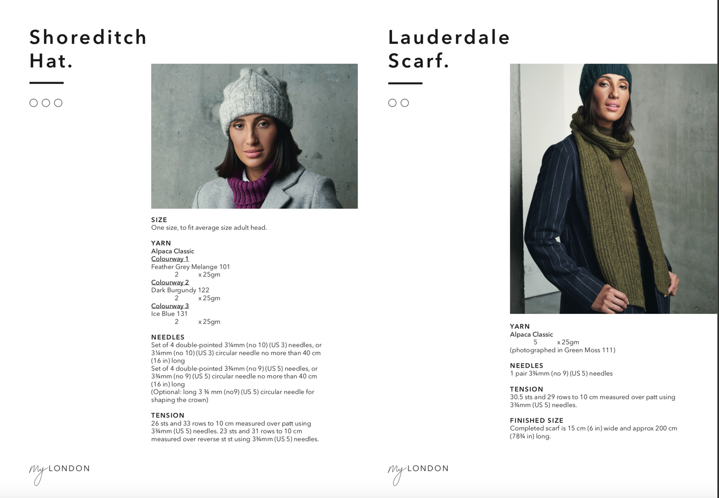 LEFT: Shoreditch hat. A light grey with a subtle ribbed trim. RIGHT: Lauderdale scarf. A moss green ribbed scarf approximately 15cm wide x 200cm long.