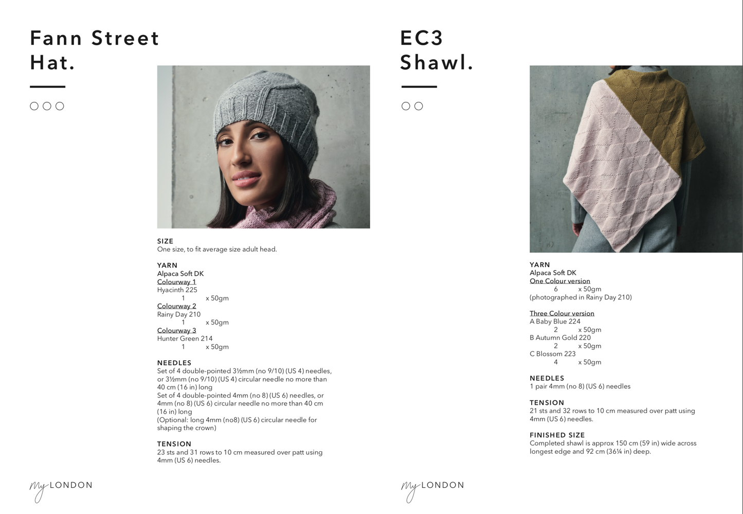 LEFT: Fann Street hat. A light grey hat with line detailing and a ribbed trim. RIGHT: EC3 shawl. A half and half dusty pink and warm moss shawl with a diagonal pattern.