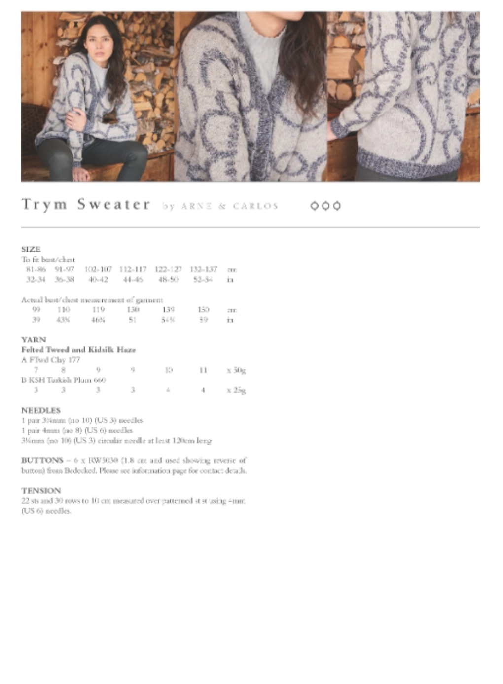 Trim sweater. A light grey cardigan with a dark grey collar, cuffs and nordic pattern across the whole cardigan.
