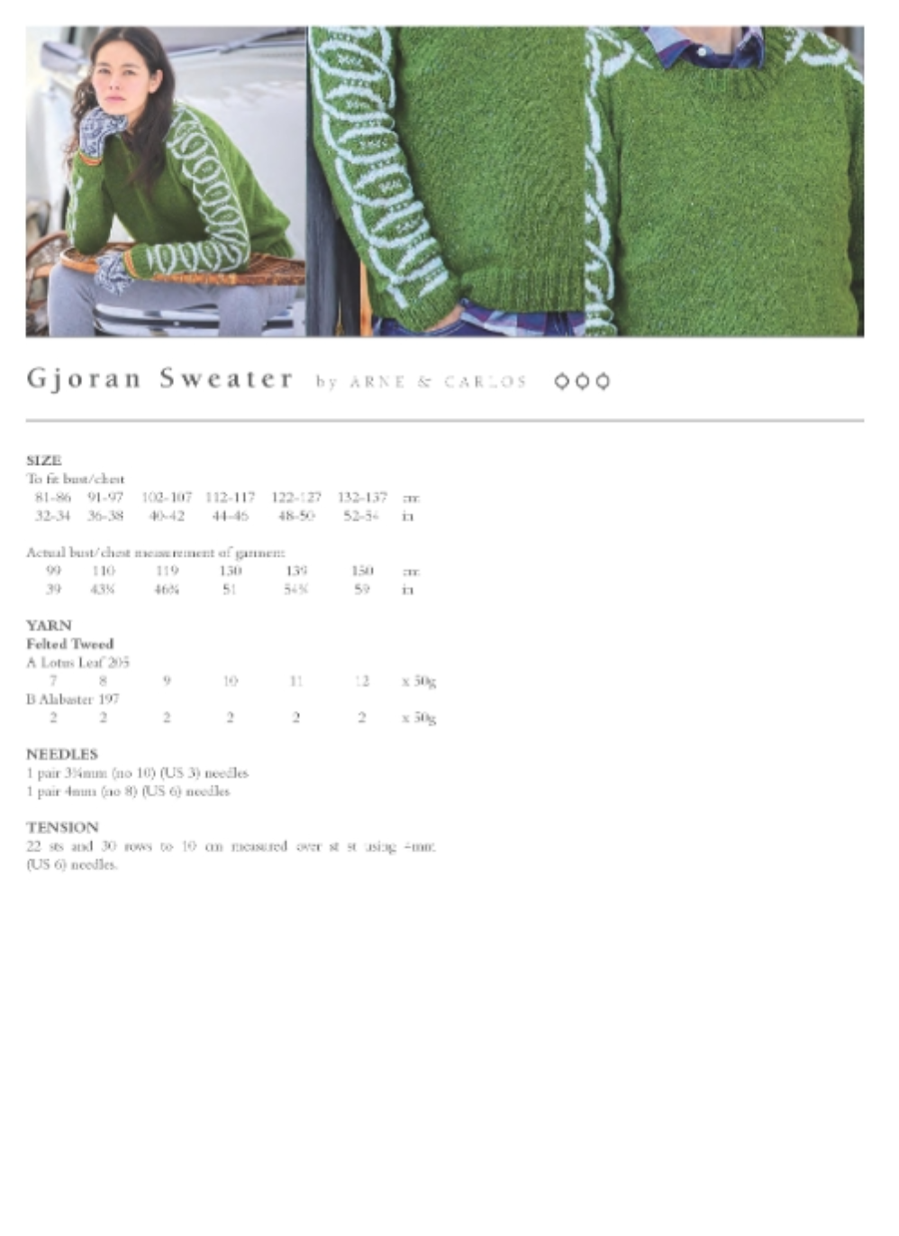 Gjoran sweater. A green chunky sweater with white patterns up the sleeves and on the shoulders.