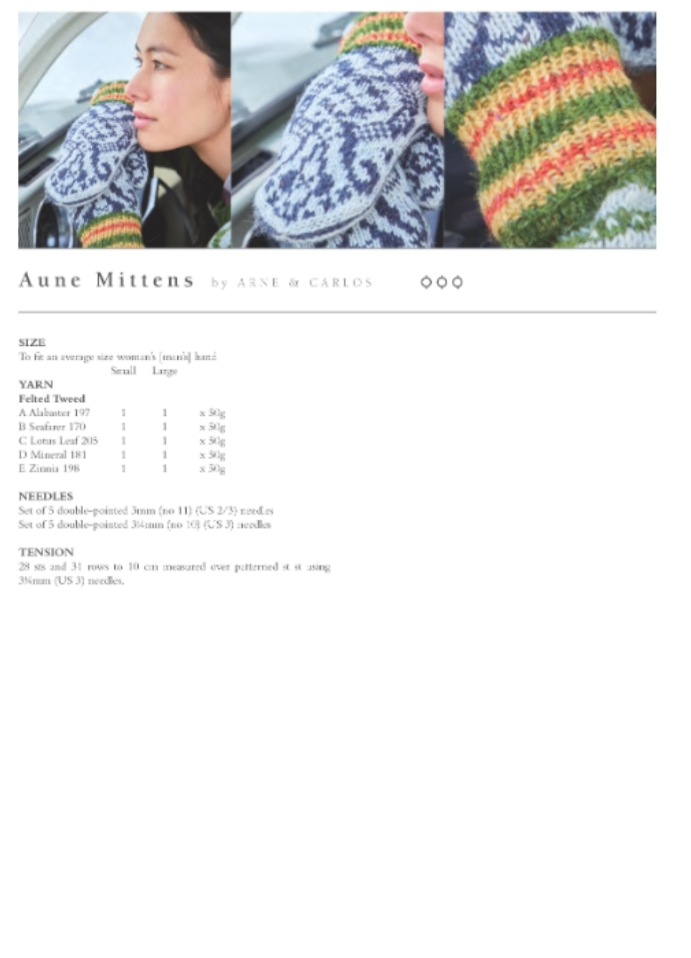Aune mittens. White and blue nordic pattern mittens with yellow, green and red striped cuffs.