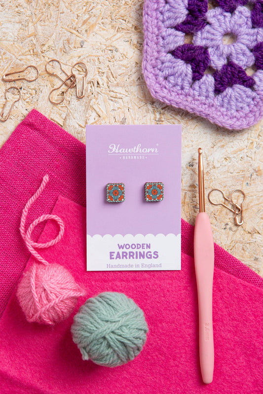 Granny Square Wooden Stud Earrings | Creative Crochet Gift