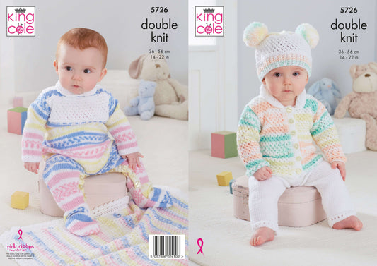 Baby Cardigan, Trousers, Hat, Onsie and Blanket in King Cole DK:  5726