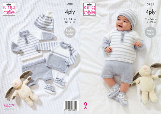 Baby Sweaters, Pants, Hat & Bootees Knitted in Cherished 4Ply King Cole 5981
