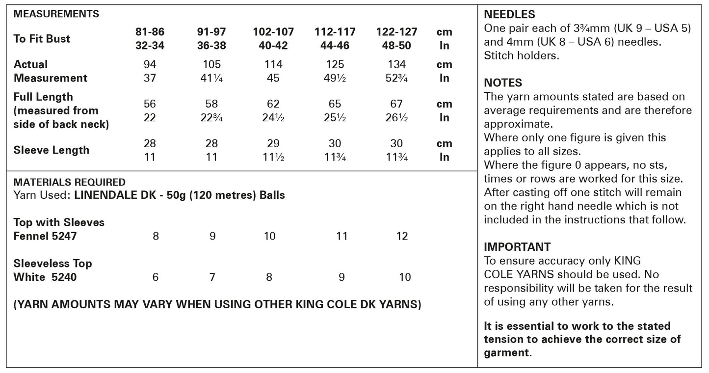 Tops knitted in King Cole, Linendale DK - 5989