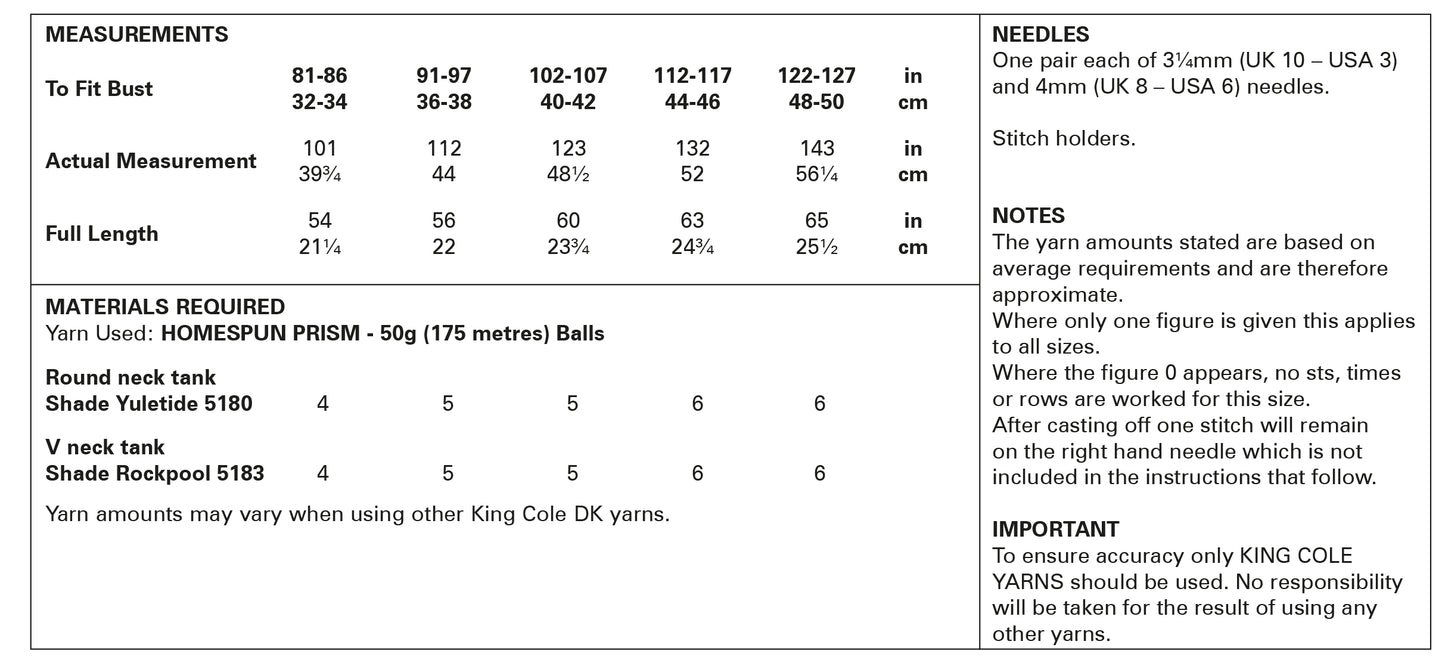 King Cole Homespun Prism DK Pattern - Tank Tops 5994