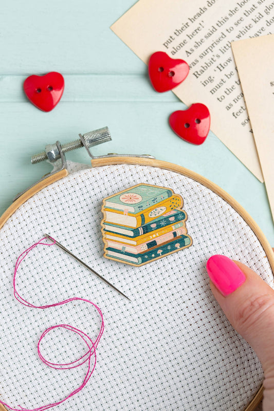 Stack of Books Needle Minder on Cross Stitch Hoop from Hawthorn Handmade