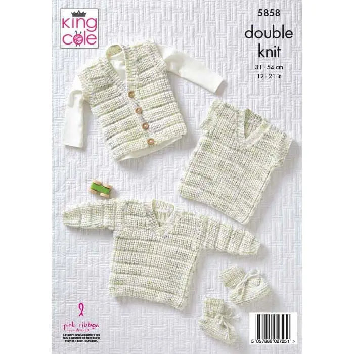 Cardigan, Waistcoat, Sweater, Tank Top and Bootees Knitted in DK Yarn - Pattern 5858