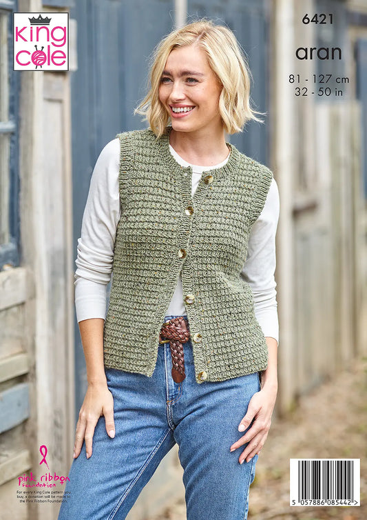 Ladies’ Waistcoats knitted in Homespun Aran King Cole Pattern 6421