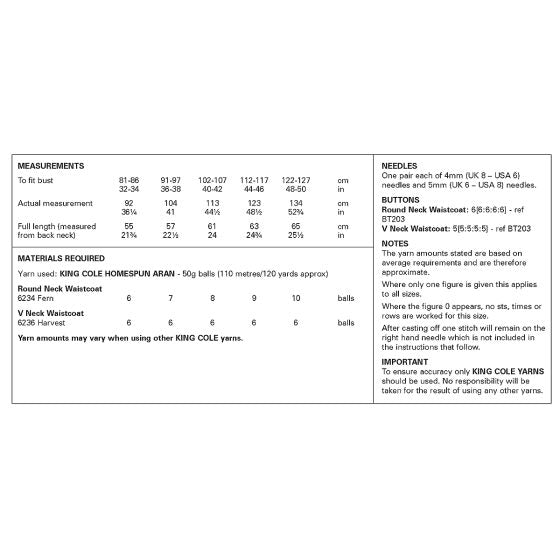 Ladies’ Waistcoats knitted in Homespun Aran King Cole Pattern 6421