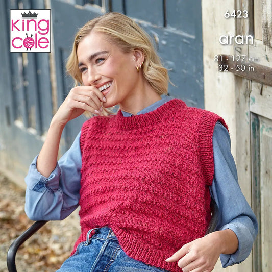 Ladies’ Round and V-Neck Tanks knitted in Homespun Aran - King Cole Pattern 6423