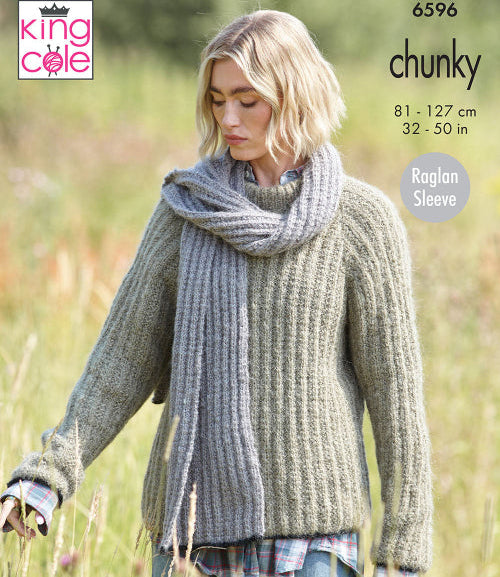 Sweater, Cardigan and Scarf knitted in King Cole Flair Solo Chunky - Pattern 6596
