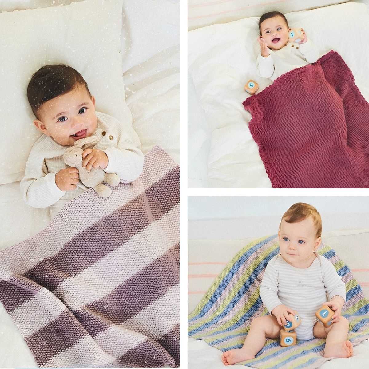 Collage of three images featuring babies with different double knit blankets and toys.