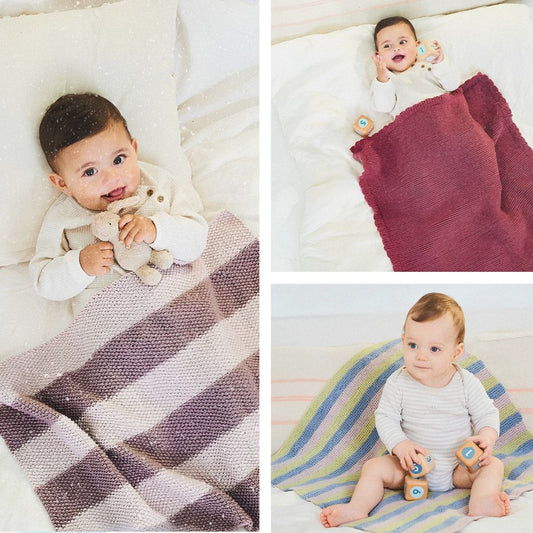 Collage of three images featuring babies with different double knit blankets and toys.