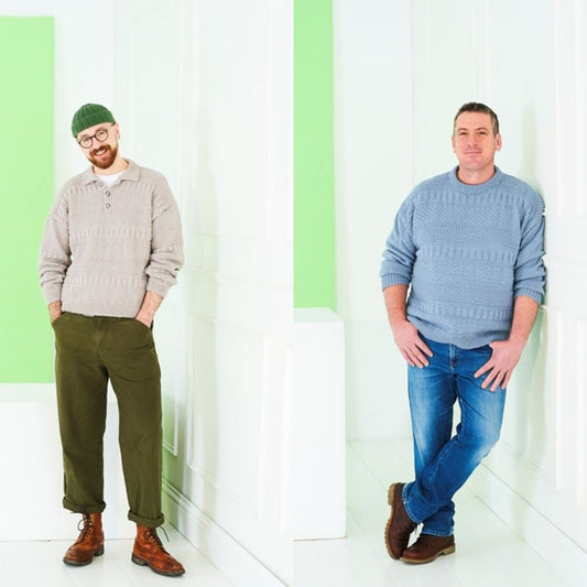 Two men wearing Stylecraft pattern knitted sweaters.