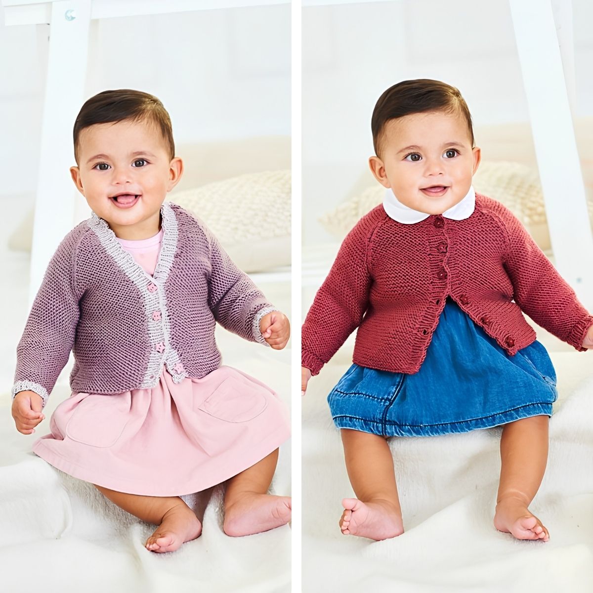 Two babies wearing Stylecraft Bambino knitted cardigans and skirts on a white background