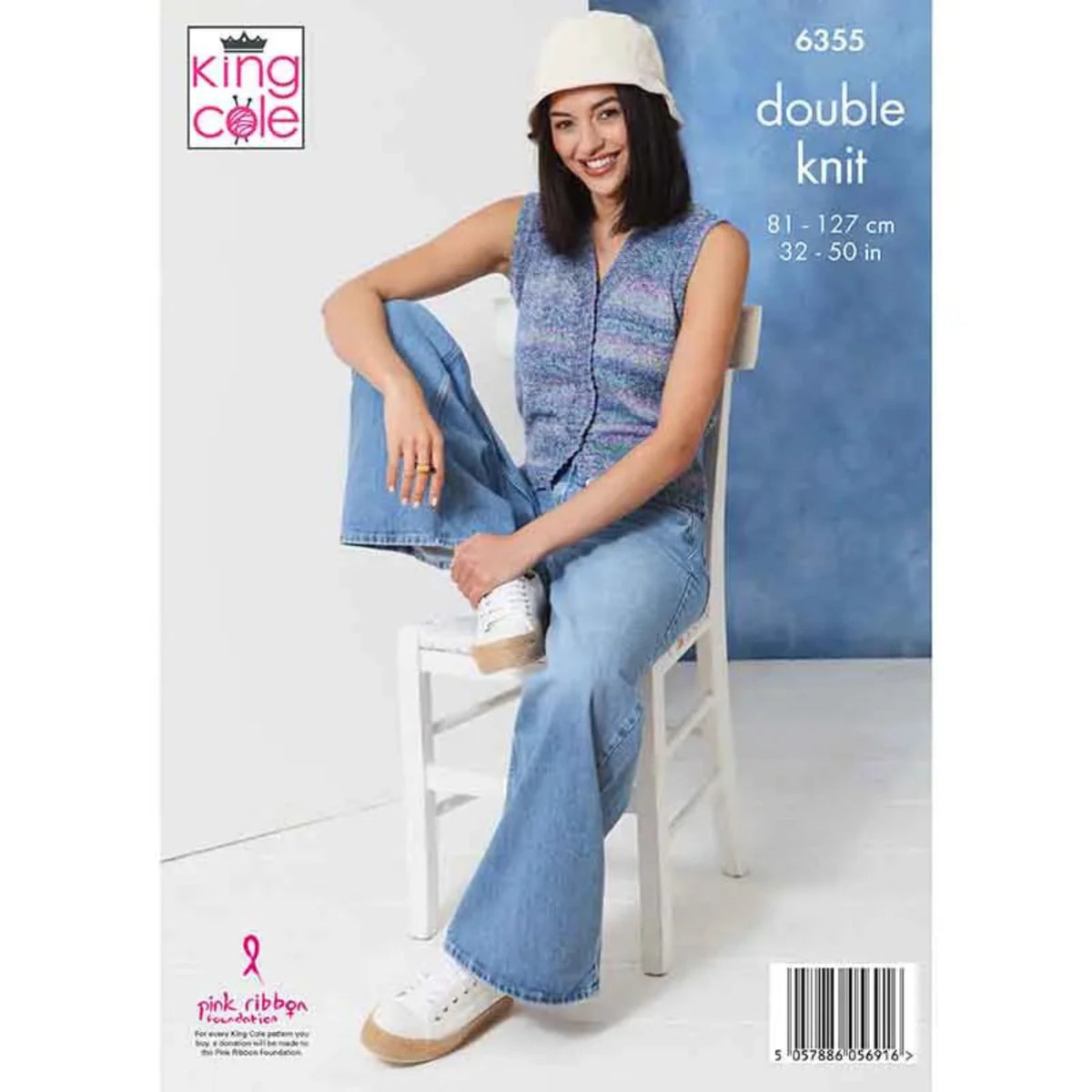 Knitting pattern 6355, with a model wearing a blue knitted vest and jeans, sitting on a white chair. The pattern is for a King Cole double knit vest in Jamboree yarn.
