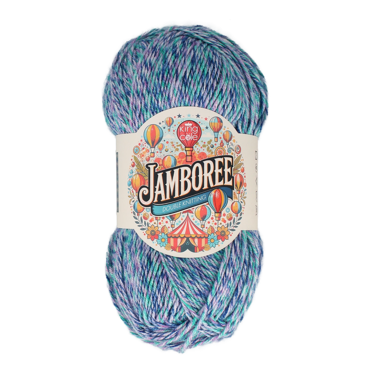 A ball of King Cole Jamboree double knit yarn in Lantern Lights, with a ball band decorated with hot air balloons