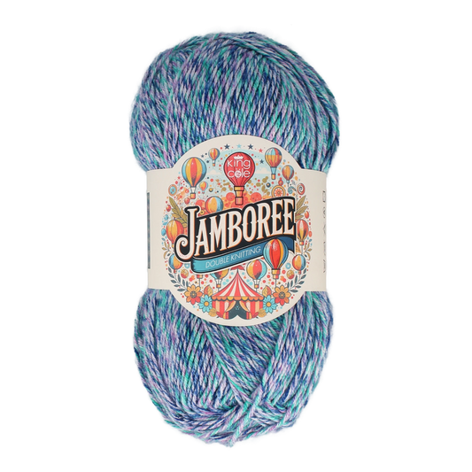 A ball of King Cole Jamboree double knit yarn in Lantern Lights, with a ball band decorated with hot air balloons