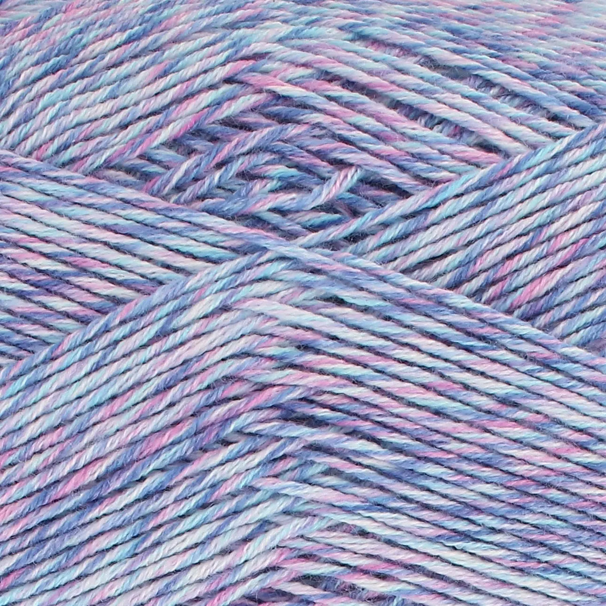 Close-up of King Cole Jamboree dk  yarn in Balloon Bonanza, with shades of blue, pink, and purple.