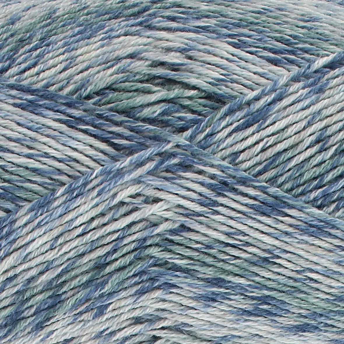 Close-up of King Cole Jamboree dk  yarn in Disco Dancefloor, with shades of blue, green, and white.