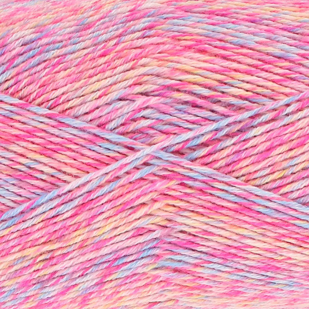 Close-up of King Cole Jamboree dk yarn in shade Glowstick Gala with pink, yellow, and blue tones.