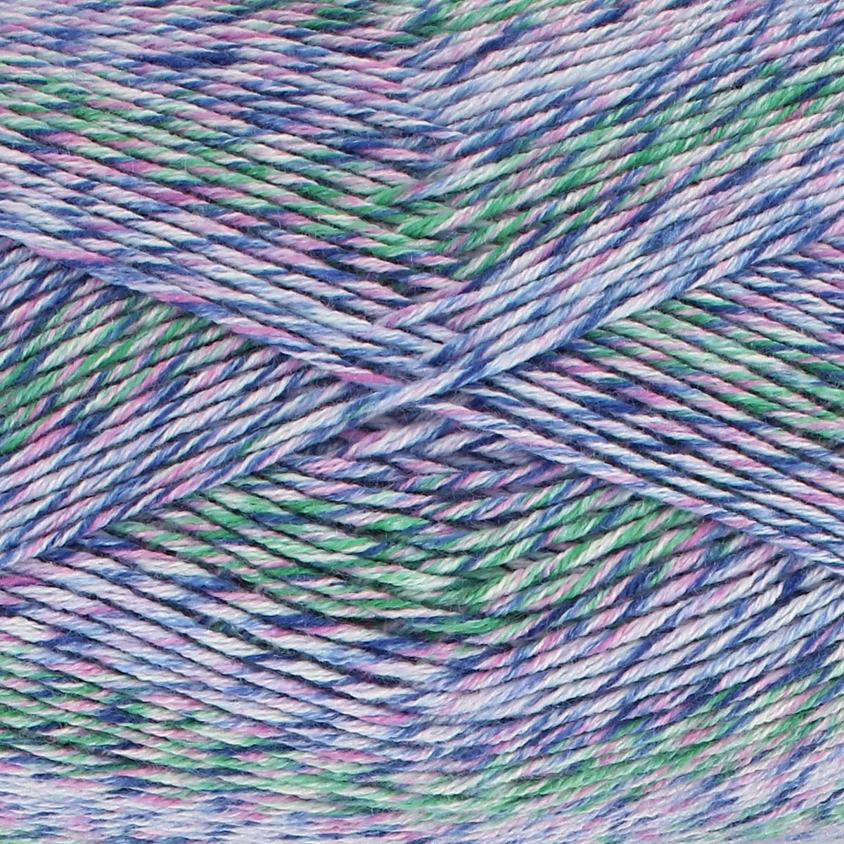 Close-up of King Cole Jamboree dk yarn in shade Lantern Lights, with purple, green, and blue tones.