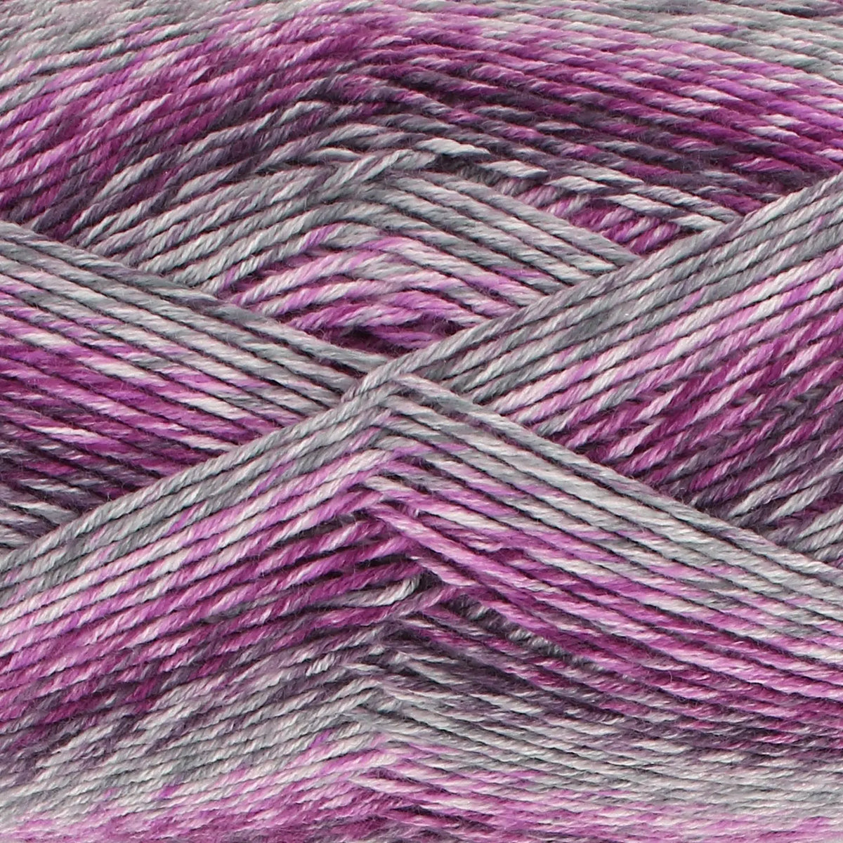 Close-up of King Cole Jamboree dk yarn in shade Purple Party, with purple, grey, and white tones.