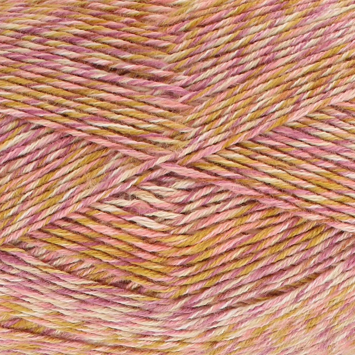 Close-up of King Cole Jamboree dk yarn in shade Sunset Soiree, with pink, yellow, and white tones.