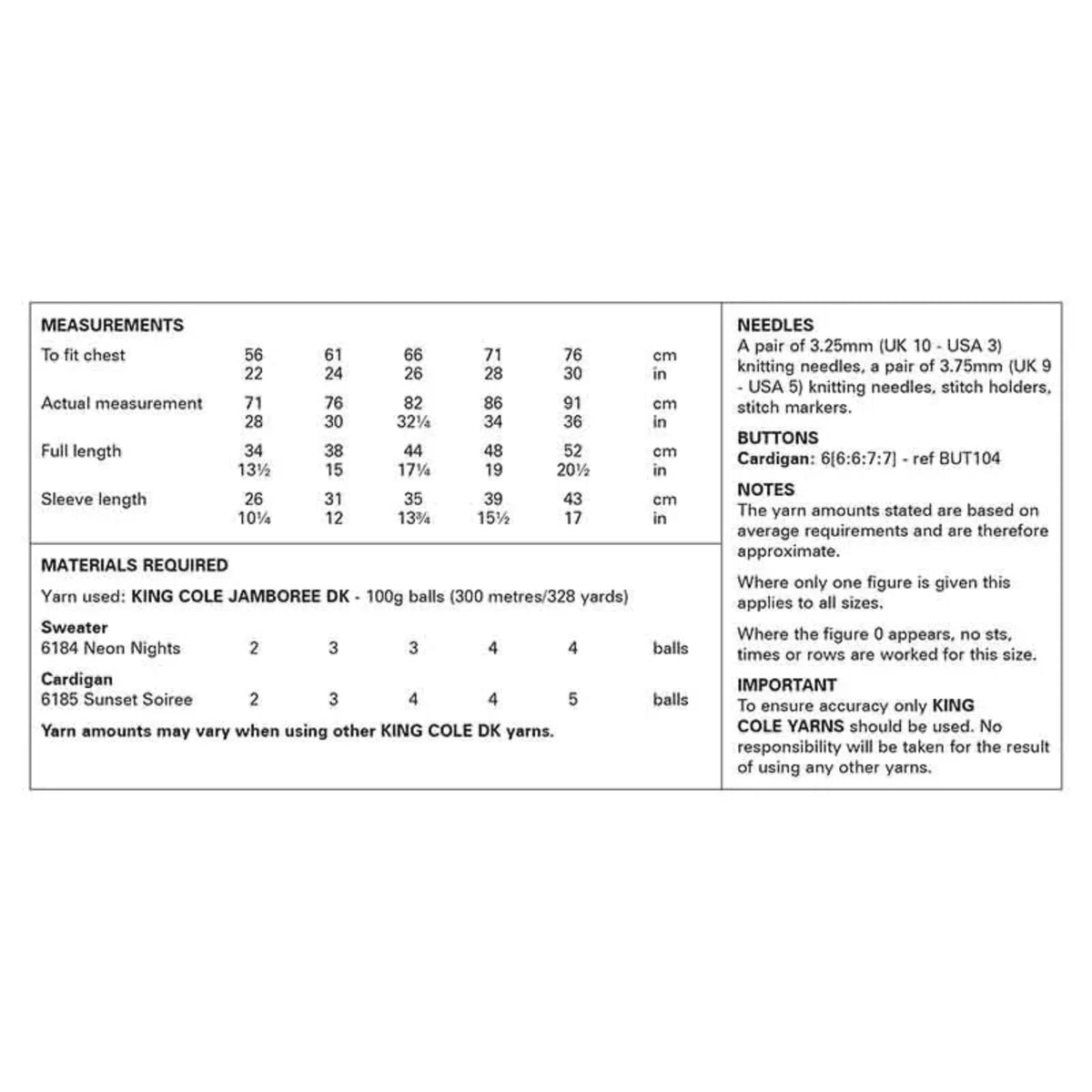 Measurement chart for King Cole pattern 6349, with chest, sleeve, and length measurements in centimeters and inches.